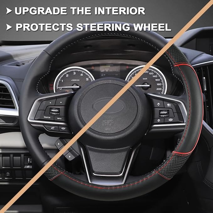 GIANT PANDA Customized Auto Steering Wheel Cover for Subaru Forester, Car Steering Wheel Cover for Subaru Outback and Crosstrek - Black+Red Trim