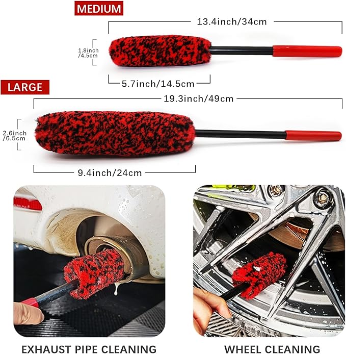 Wheel Brush Kit for Cleaning Wheel and Tire, 2 Soft Bendable Wheel Woolies Cleaning Brush, Stiff Tire Brush, Detailing Brush, Flexible&Durable Wheel Rim Cleaner Brush Set (Red)
