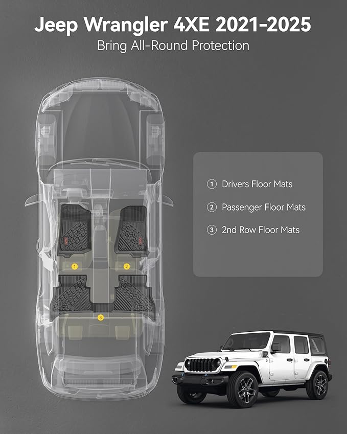3W Floor Mats Fit for Jeep Wrangler 4XE 2021-2024 2025 Hybrid 4 Door (Non JL or JK), Black All-Weather TPE Floor Liner for 1st and 2nd Row Full Set Car Mats, Red Logo
