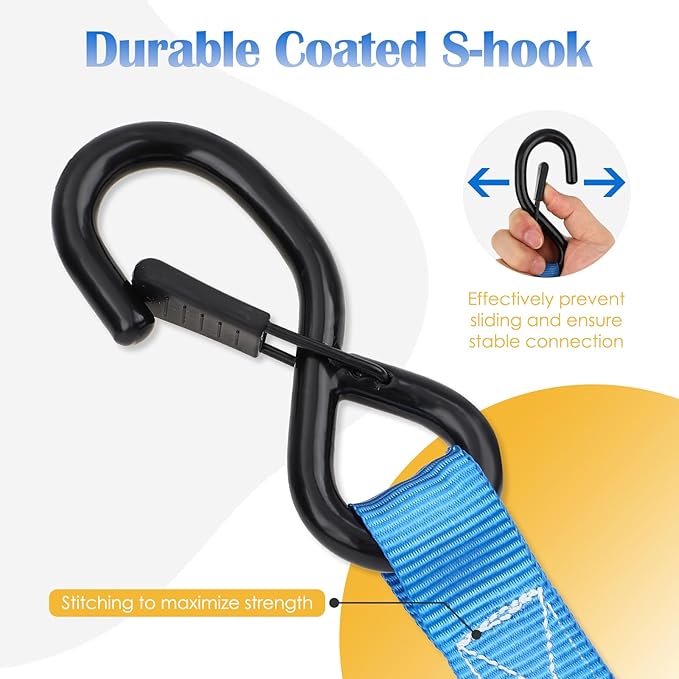 Ratchet Straps 4 Pack - 1,826 Lbs Break Strength 1 in x 15 Ft Medium Duty Ratchet Tie Down Straps with S Hooks Set for Truck, Cargo Van, Trailer, Motorcycle (Blue)