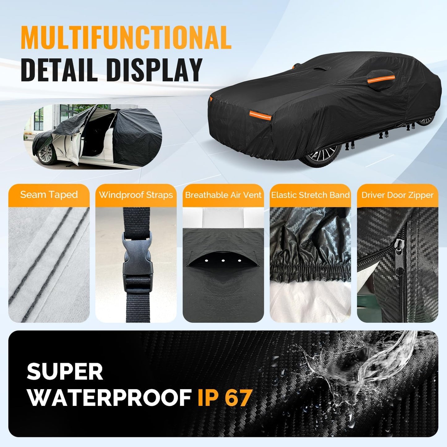 30 Layers Car Cover for Automobiles All Weather Waterproof, Outdoor Snowproof UV Protection Windproof, Door Zipper, Soft Cotton, Heavy Duty Universal Car Covers, (Black, Fit Sedans 171"-180")