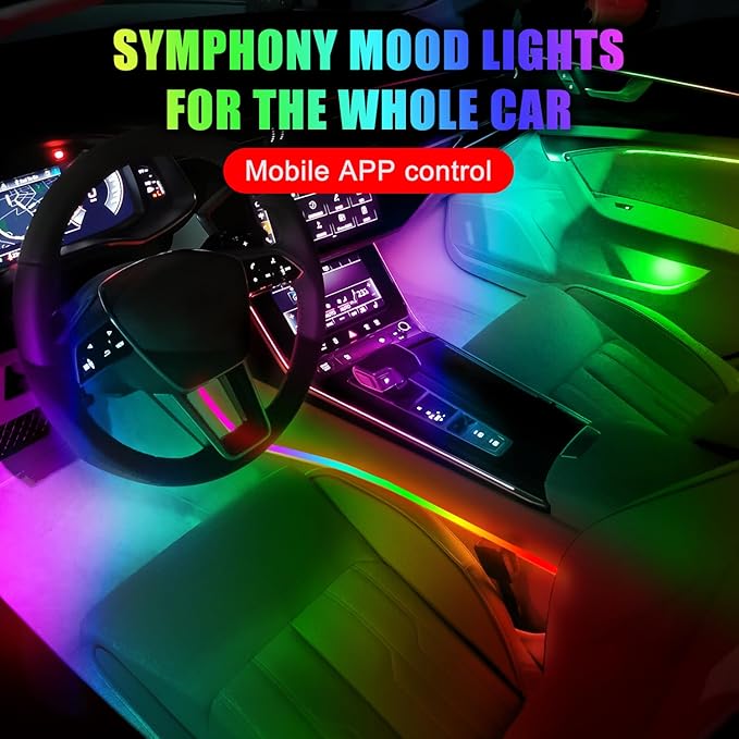 Dreamcolor Acrylic Interior Car Lights, 2 Piece 43.3inch/110cm 128 Colorful Car LED Strip Light RGB Fiber Optic Rainbow Ambient Lighting bar, Universal Decoration Dynamic Atmosphere Neon Lights