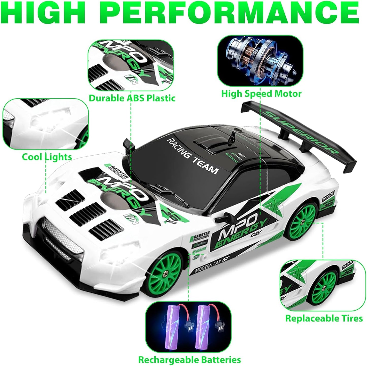 Remote Control Car 2.4GHz 1:24 Scale 4WD RC Drift Car 15KM/H High Speed Drifting RC Cars with Cool Lights, Two Batteries and Extra Tires Toys for Kids Boys Girls Adults, Green