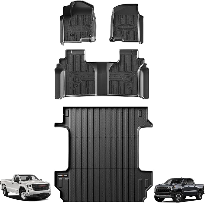 TripleAliners Truck Bed Mat & Floor Mats Front Rear Full Set Compatible with 2019-2025 2026 Chevy Silverado/GMC Sierra 1500 Crew Cab Accessories All Weather TPE Liners (5'8'' Truck Bed Mat+Floor Mats)