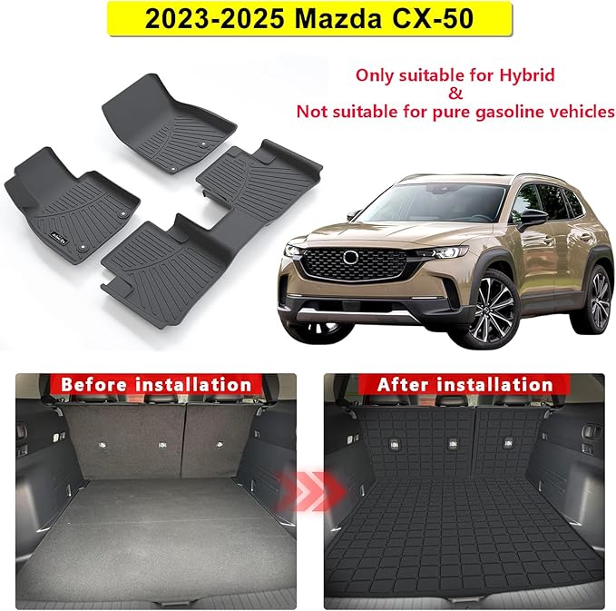 Floor Mats for Mazda CX-50 2025 2024 2023 (Only Fit Hybrid), Custom Fit CX50 1st & 2nd Row Floor Liner & Trunk Mat & Backrest Mat TPE All Weather Protection Mats Accessories