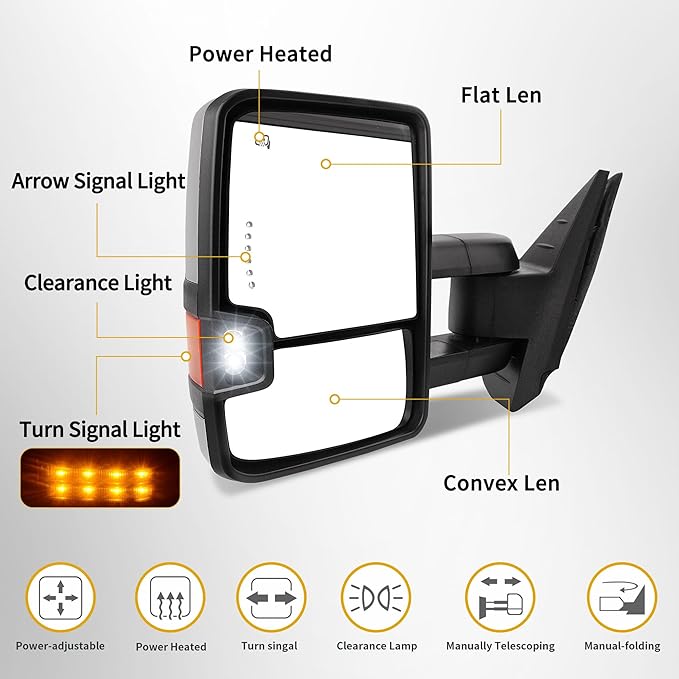 DWVO Towing Mirrors Compatible with 2008-2013 Chevy Silverado GMC Sierra All Models, Silverado 2007 Sierra New Body Style, Power Heated LED Arrow Signal Light Reverse Lights