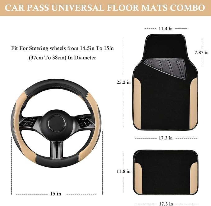 CAR PASS Faux Leather Steering Wheel Cover and Waterproof Car Floor Mats,Universal Car Combo Fit for 95% Sedan,SUV,Cars,14.5-15inch Sporty Anti-Slip Safety Comfortable Design(Black＆Beige)