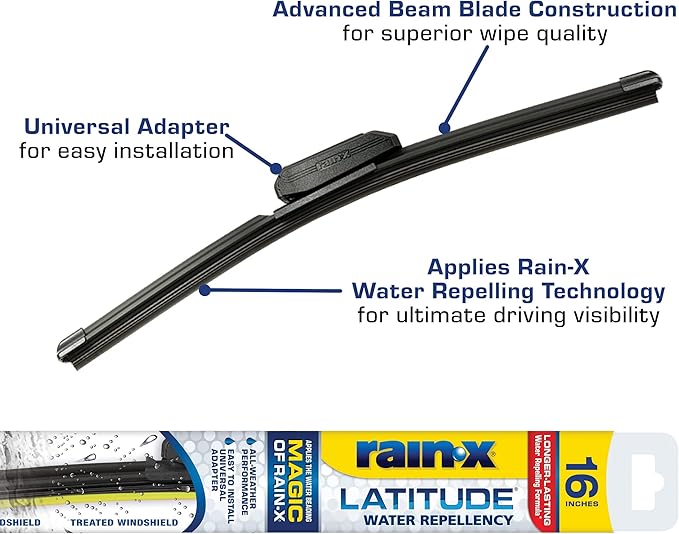 Rain-X 5079274-2 Latitude 2-In-1 Water Repellent Wiper Blades, 16 Inch (Pack Of 1), Automotive Replacement Windshield Wiper Blades With Patented Rain-X Water Repellency Formula