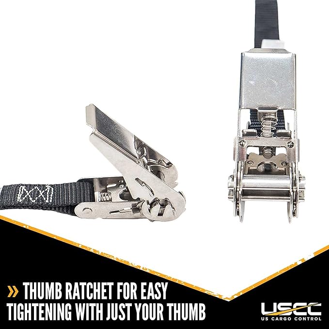 US Cargo Control Stainless Steel Ratchet Strap Tie Down, 1 Inch Wide X 10 Foot Long, Black Tie Down, Stainless Steel Thumb Ratchet, S Hooks, 4 Pack