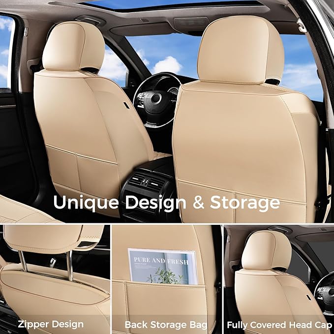 Huidasource Beige Front Seat Covers, Leather Car Seat Covers Front Seats, Driver Seat Cover Waterproof, Airbag Compatible, Universal Fit for Most Cars, Vans, Trucks, SUVs (Front Pair/Beige)