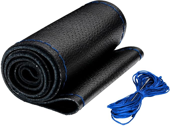 AUTOXBERT 38cm/15 Genuine Leather DIY Steering Wheel Cover Soft Hand Sewing On Wrap Cover with Needles Thread fit for VW Ford Nissan Kia Vauxhall