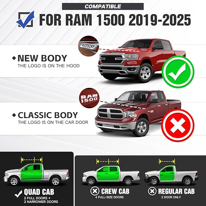 Quad Cab Running Board Side Steps Compatible with 2019-2025 Dodge Ram 1500 New Body Double/Extended Cab, Bolt-on Nerf Bar, Heavy-Duty Steel Two Stairs Design (Black, Star Logo)