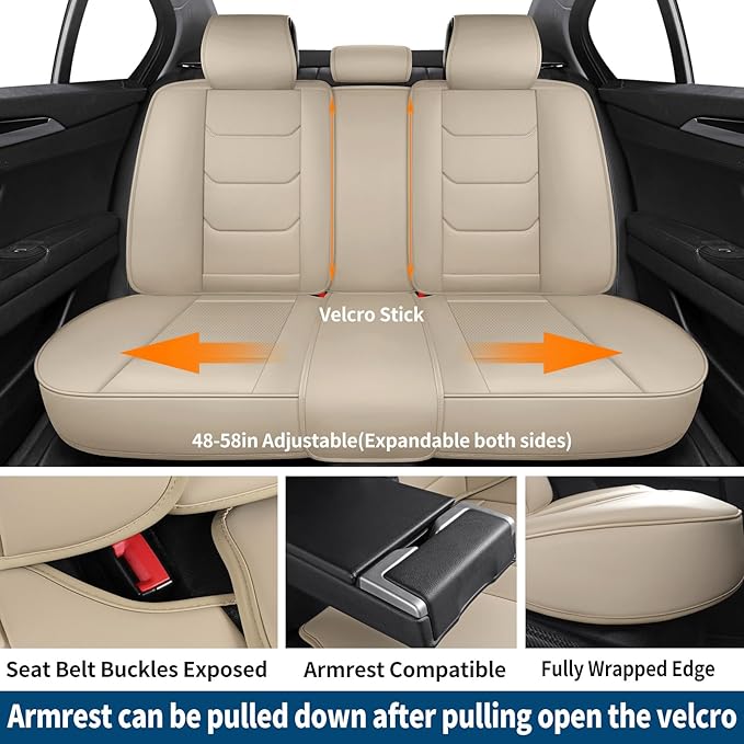 Leather Car Seat Covers Full Set Breathable Automotive Seat Covers Waterproof Seat Protectors Universal Fit for Most Automotive Cars SUV Trucks(Beige, Full Set)