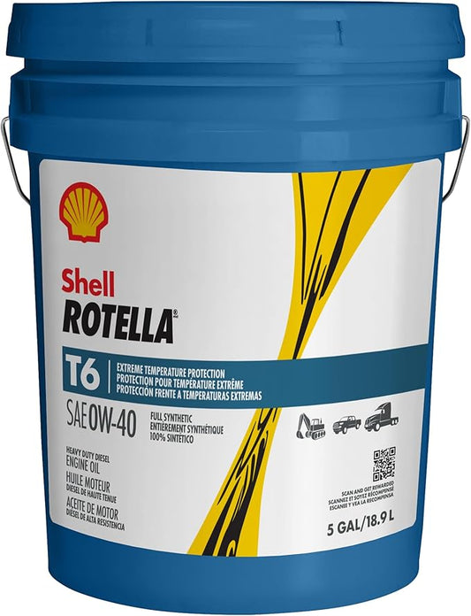 Shell Rotella 550054526 T6 Full Synthetic Heavy Duty 0W-40 Engine Diesel Oil - 5 Gallon Pail