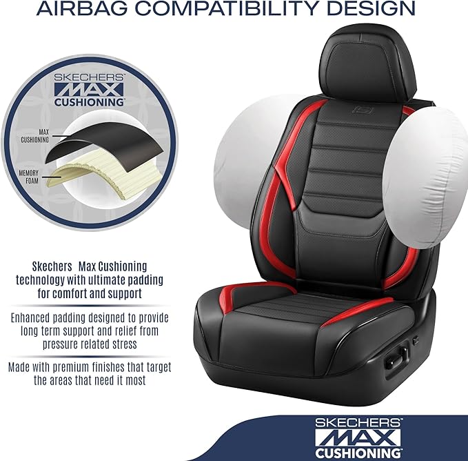 Skechers MAX Cushioning Seat Covers,Memory Foam Leather Car Seat Covers,Waterproof Car Seat Protector Front Seats,Car Seat Cushion Airbag Automotive Universal Fit for Most Cars,Vans,Trucks,SUV,Red
