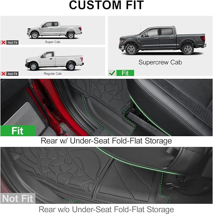 Floor Mats for Ford F-150 2015-2025 | F150 Lightning 2022-2025 SuperCrew (Rear w/Fold Flat Storage) Carpet Floor All Weather TPE Car Liners Truck Front and 2nd Row Door Guards Accessories