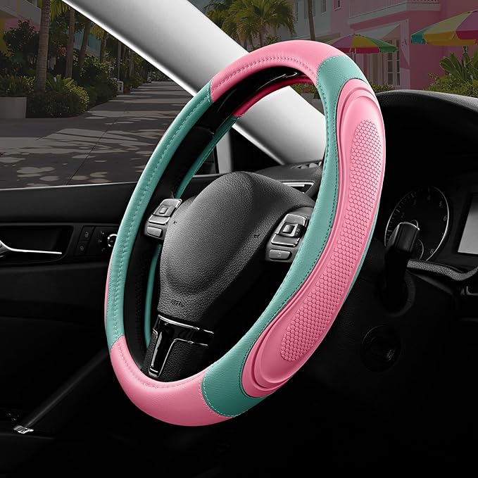Road Comforts Car Steering Wheel Cover - Microfiber Leather Steering Wheel Wrap Sports 14.5-15 Inch Steering Wheel Cover Non-Slip for Men Women Pink & Green Color