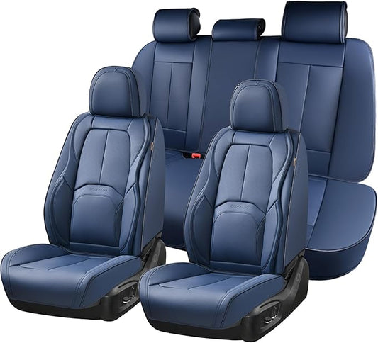 Coverado Car Seat Covers Full Set, Blue Car Seat Cover, Nappa Leather Seat Covers for Cars, Waterproof Car Seat Protector with Lumbar Support, Automotive Seat Covers Universal Fit for Most Cars (Blue)