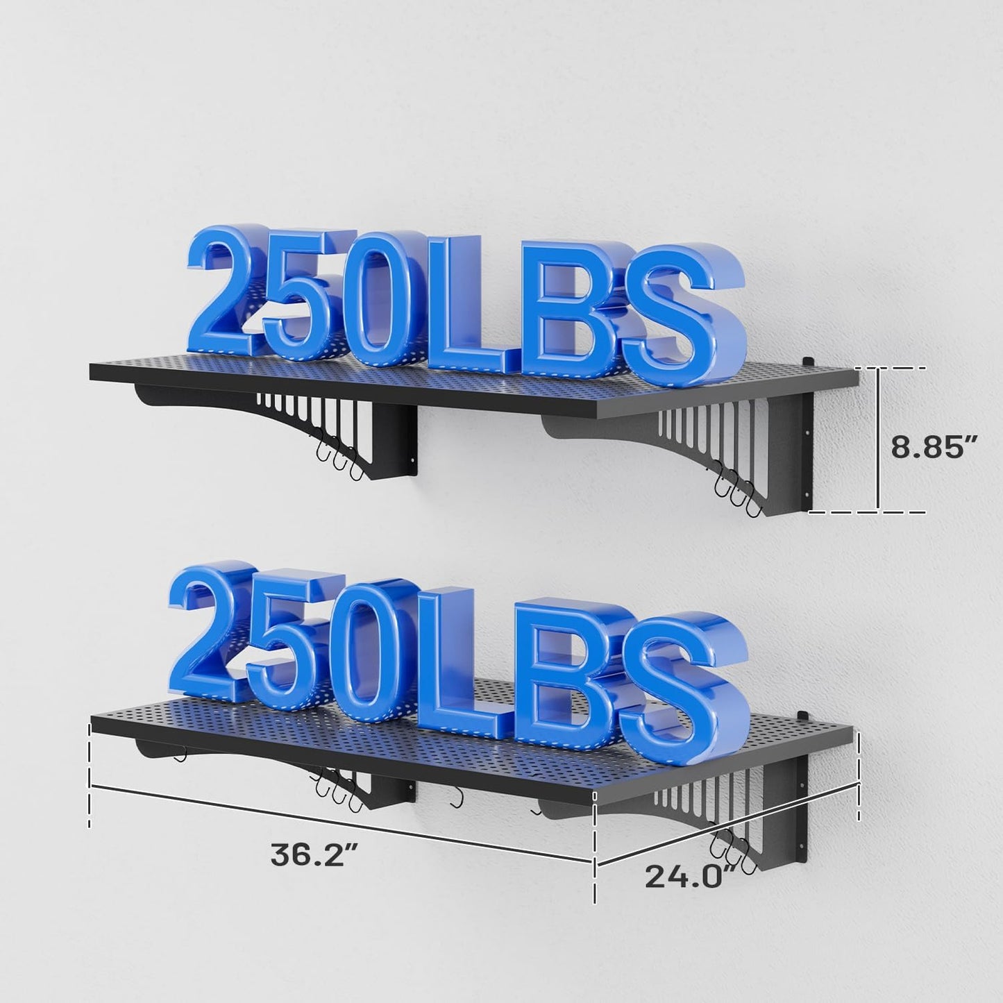 YOLENY 2-Pack 2x3FT Adjustable Heavy Duty Garage Wall Shelving, 500lbs Load Capacity Wall Mount Storage Shelf, Garage Storage Rack with Hooks, Metal Floating Shelves Organizer for Workshop