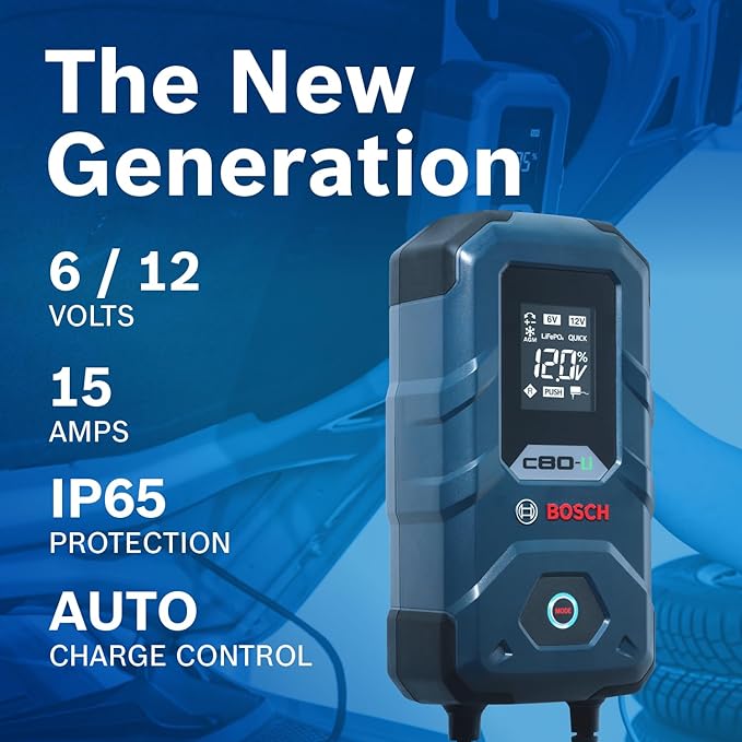 Bosch C80-Li: 15A 6V/12V Next-Gen Battery Charger – Unique 20A Fast-Mode & Smart Maintenance, Trickle Functionality & Advanced Safety Features – for Lead-Acid & Lithium Batteries, AGM, EFB, Gel & SLI