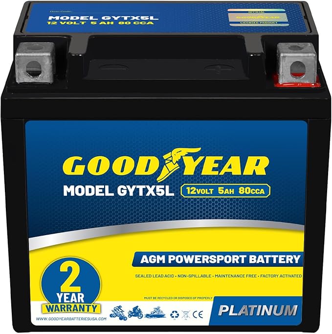 Goodyear GYTX5L - 12 Volt 5 AH, 80 CCA, Rechargeable High-Performance, Maintenance Free, SLA - AGM Battery for Motorcycle, ATV, UTV, 4-Wheeler, Snowmobile, Watercraft and more!