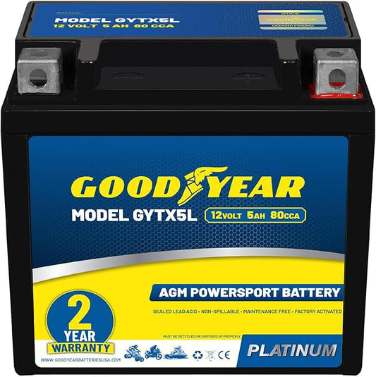 Goodyear GYTX5L - 12 Volt 5 AH, 80 CCA, Rechargeable High-Performance, Maintenance Free, SLA - AGM Battery for Motorcycle, ATV, UTV, 4-Wheeler, Snowmobile, Watercraft and more!