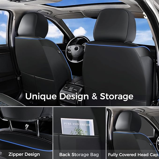 Huidasource Seat Covers Full Set, Nappa Leather Seat Covers, Blue Car Seat Covers, Universal Fit Front & Split Bench Rear, Airbag Compatible, for Most Cars,Vans,Trucks, SUVs(Full Set/Black&Blue)