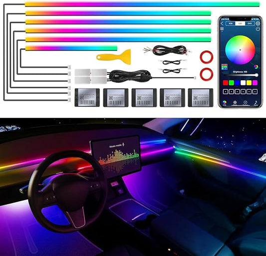 Dreamcolor Acrylic Interior Car LED Strip Light with Wireless APP, RGB 10 in 1 with 175 inches 593 Neon Car Ambient Lighting Kits, Dynamic Chasing Music Sync LEDs Fiber Optic Strip Lights for Car