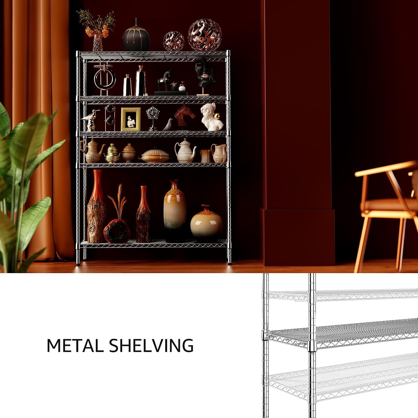 IZEUK 3300 LBS Garage Shelving Wide Storage Shelves 5 Tier Metal Shelves Heavy Duty Adjustable Utility Shelf Rack Chrome 17.7" D x 59.1" W x 70.4" H