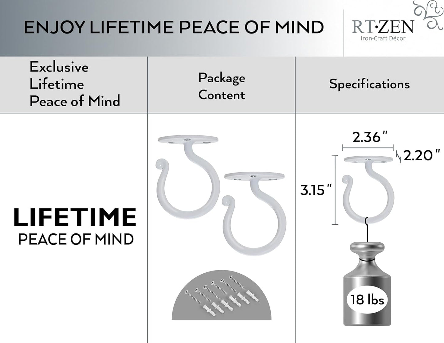 RTZEN Plant Hangers Outdoor or Indoor - Wrought Iron Metal Hanger Indoor Hook - Heavy Duty Wall Bracket Hooks for Hanging Plants Baskets Lanterns Wind Chimes - 2 Pack (Large White Ceiling Hooks)