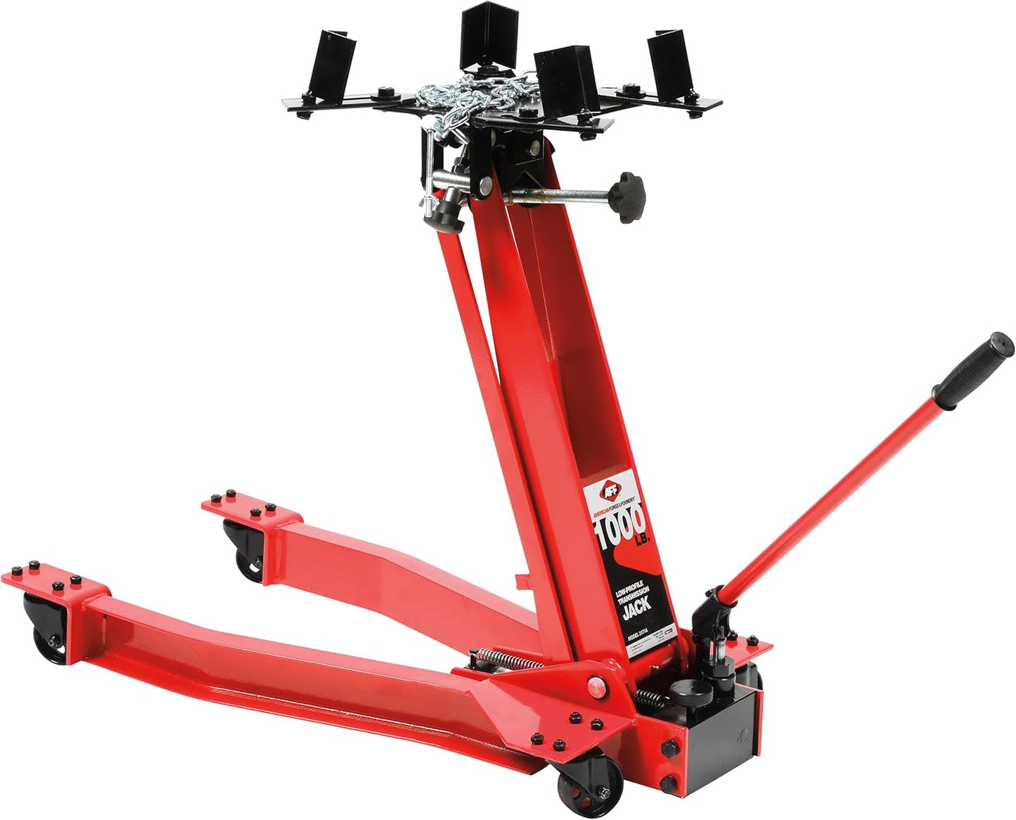 AFF Low Profile Manual Hydraulic Transmission Jack - Heavy Duty Steel Body, Adjustable Saddle with Safety Chain & 360 Handle - For Transmissions, Transfer Cases & Differentials (Multiple Capacities)
