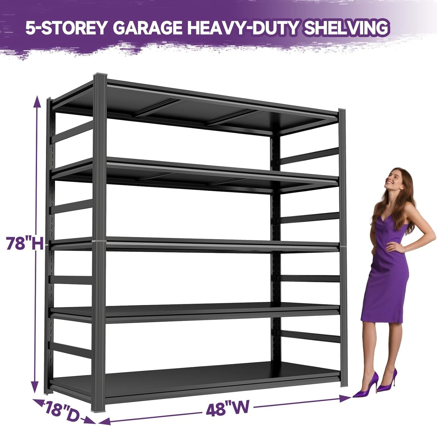 48" W Garage Shelving 3800Lbs Storage Shelves Heavy Duty 5 Tier Adjustable Metal Shelving Unit Garage Shelves for Basement, Warehouse, Commercial 48" W X 78" H X 18" D, Black