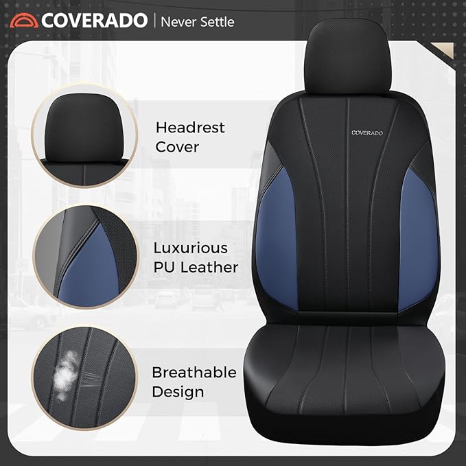 Coverado Seat Covers, Car Seat Covers 5 Seats, Luxury Leather Seat Protectors, All-Weather Protection, Blue Auto Seat Covers Full Set Universal Fit for Most Vehicles SUV Truck Sedan