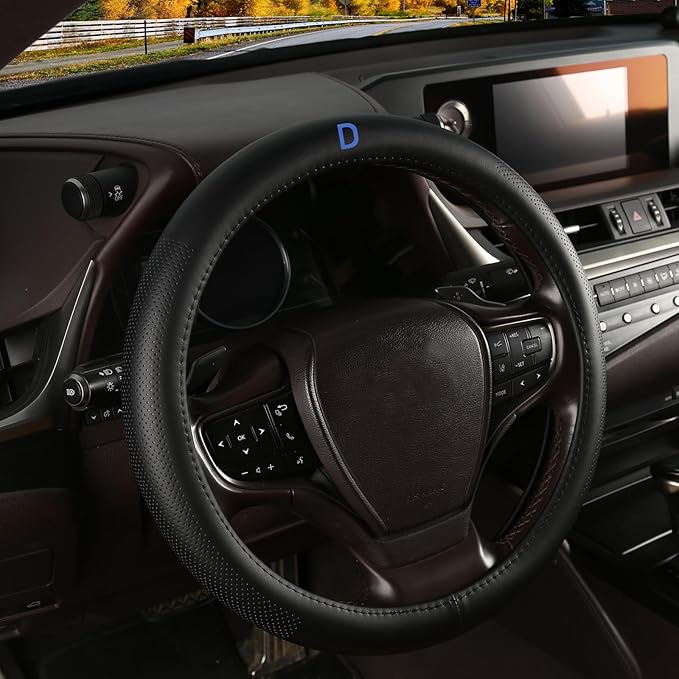 Genuine Leather Steering Wheel Cover for Men Women with Upgraded Silicone Inner Ring, Non-Slip, Breathable, Odorless, Universal 14.5-15 Inch (Blue D, Microfiber Nappa Leather)