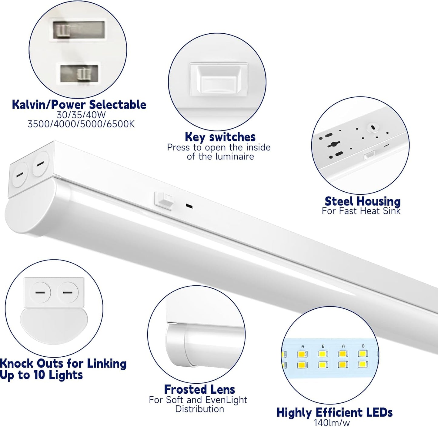 4FT LED Linear Strip Light, LED Shop Lights 40W/35W/30W Selectable,4 Color Selectable 3500K-6500K Adjustable,0-10V Dimmable Commercial Garage Office Ceiling Light Fixture, ETL DLC Listed (9 Pack)