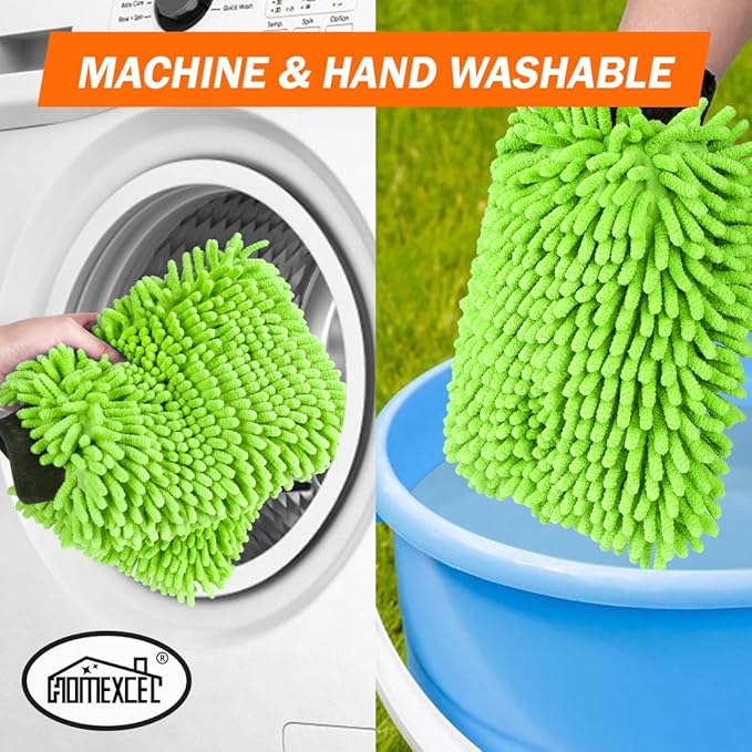 HOMEXCEL Car Wash Mitt, 2PK Chenille Microfiber Wash Mitt, Scratch-Free & Lint-Free, Rich Foam, Highly Absorbent, Double Sided, Perfect for Car Washing and Detailing, 10.2" x 6.7 ", Green