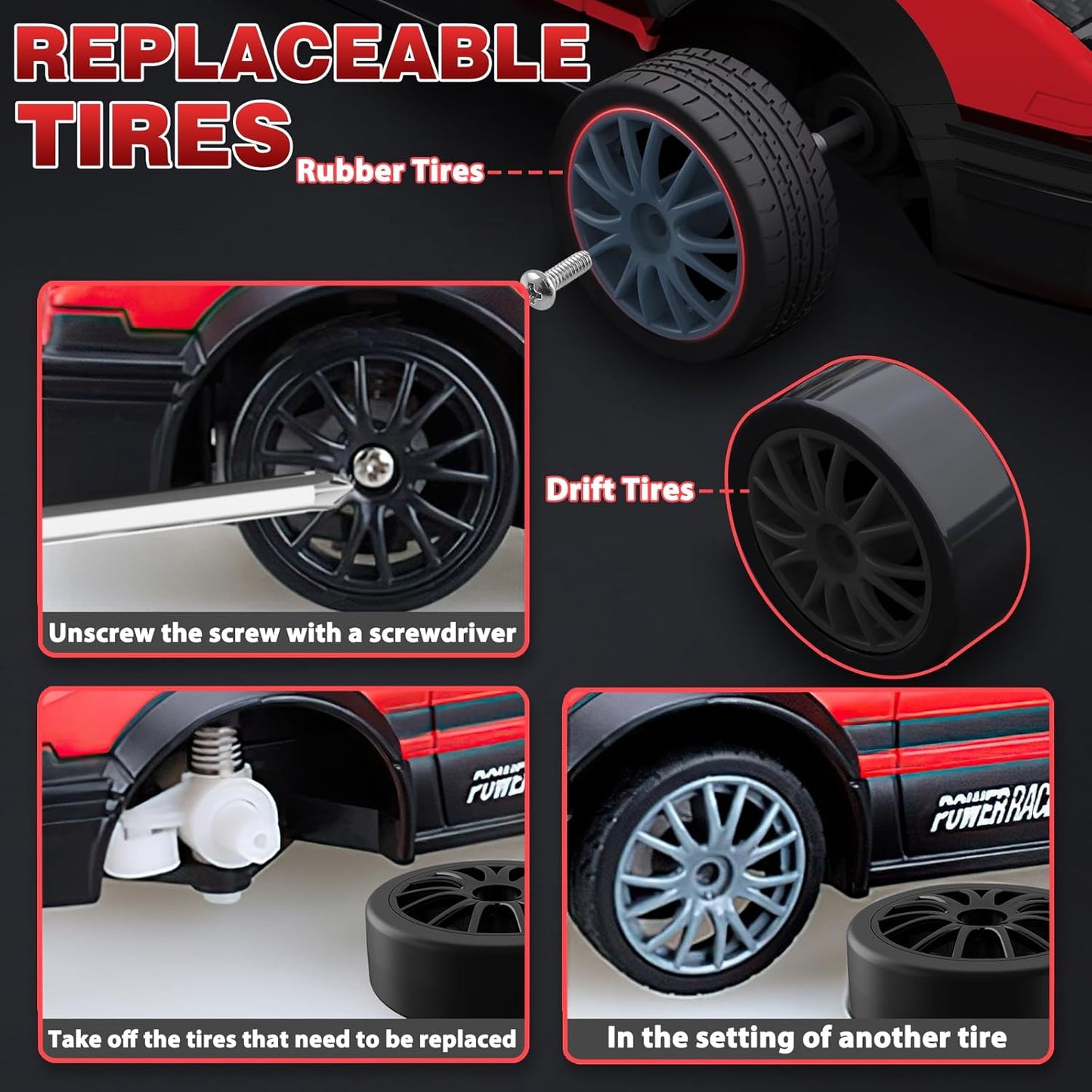 RC Drift Car, 1:24 Remote Control Cars 2.4GHz 4WD High Speed Drift RC Cars with LED Light Dritfing Tires Racing Hobby Toy Car with Two Batteries for Boys Girls Kids Adults (Red)