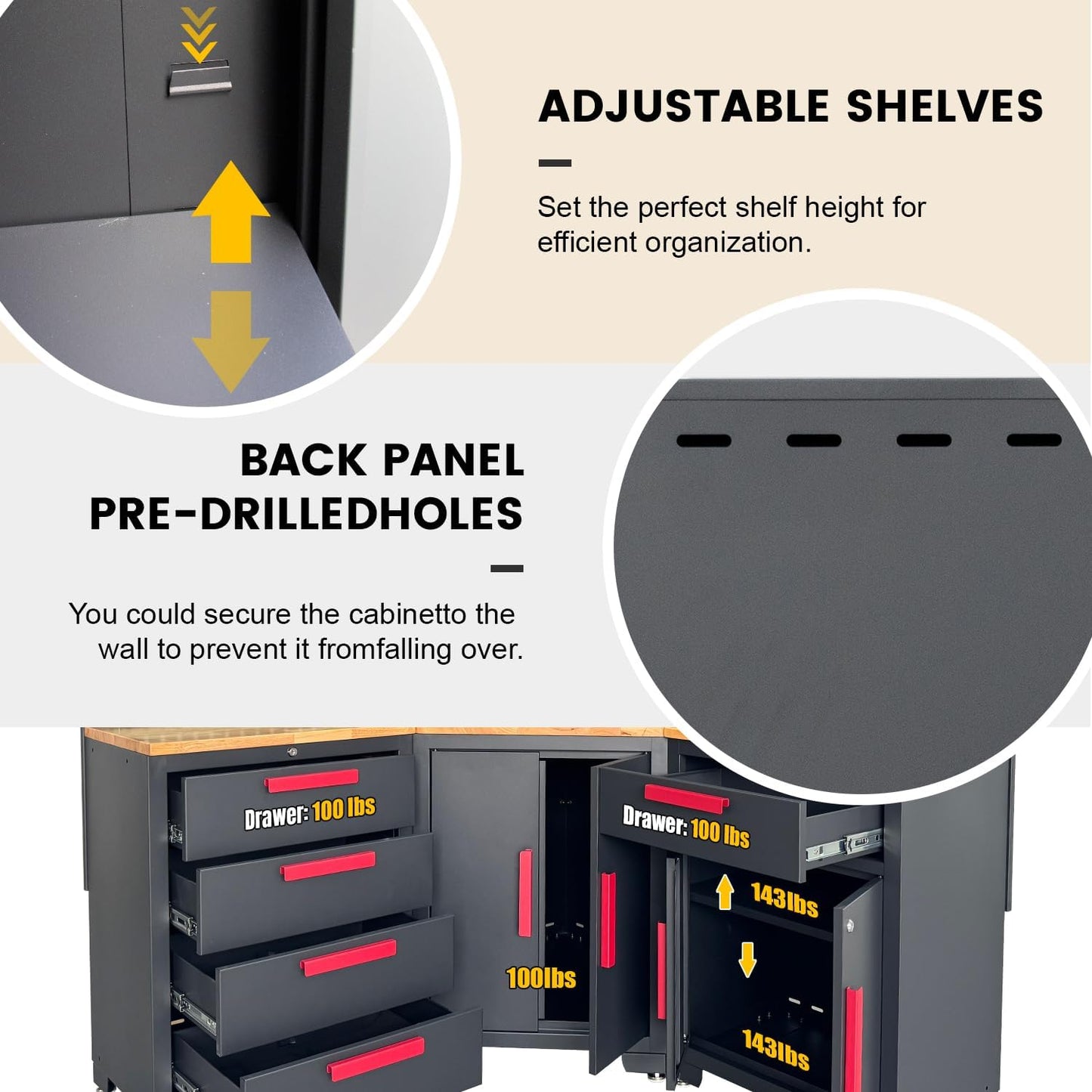 Corner Workshop Set - 10-Pcs Garage Cabinets and Storage System with Corner Cabinet, Cabinet Drawers, Workbench, Pegboard for Tool Organization, Red and Black