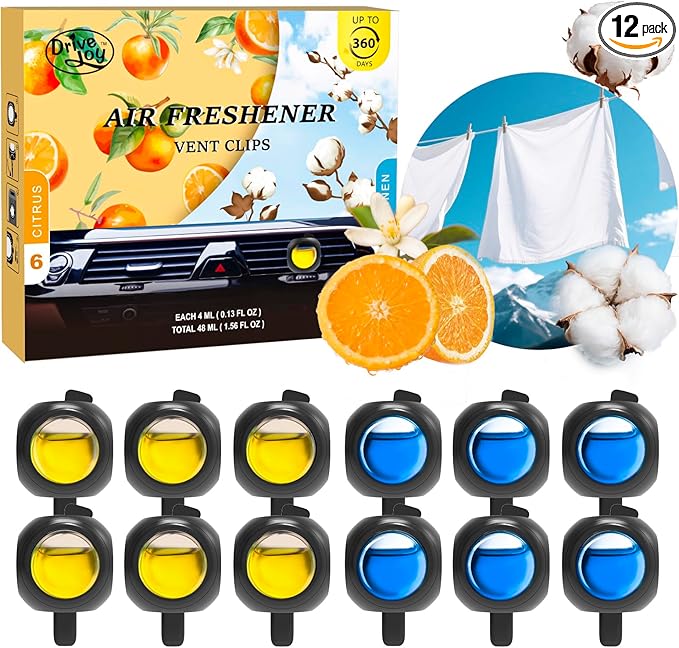 Car Air Freshener Vent Clips, 12 Pack, 6 Linen, 6 Citrus, Provides Long-Lasting Scent, Up to 360 Days, Car Fresheners