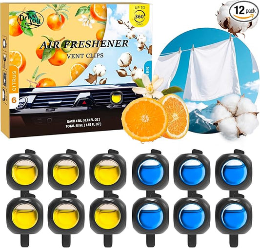 Car Air Freshener Vent Clips, 12 Pack, 6 Linen, 6 Citrus, Provides Long-Lasting Scent, Up to 360 Days, Car Fresheners
