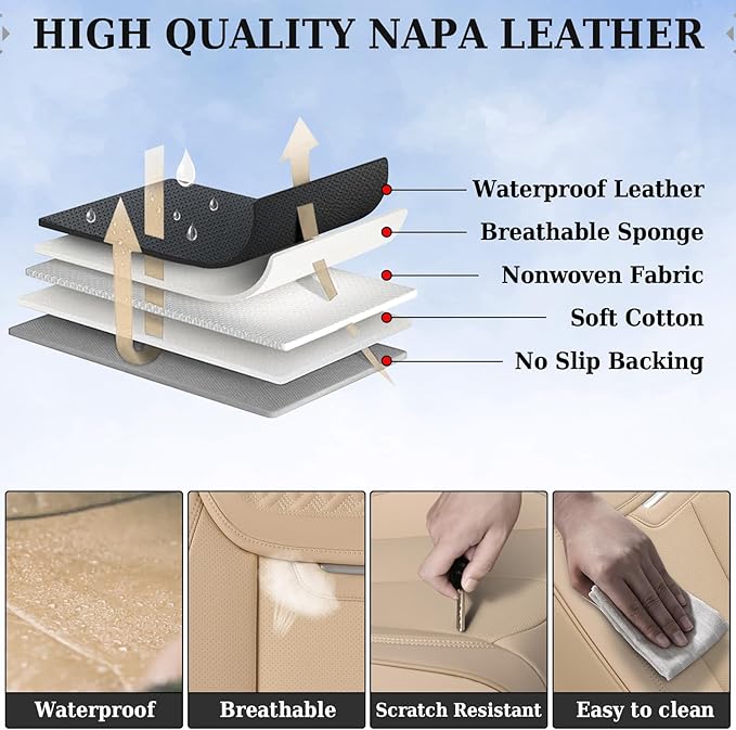 Coverado Seat Covers, Car Seat Covers Front Seats, Beige Nappa Leather Car Seat Covers, 2 Pack Waterproof Front Seat Covers, Breathable Leather Seat Cushion Universal Fit Most Cars Trucks