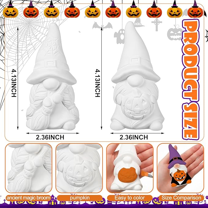 Hollowfly 2 Pack Halloween Ready to Paint Your Own Gnome Statues, 4 Spider Web Pumpkin Mini Blank Ceramics Unpainted Gnome Figurines Craft DIY Art with Brush Palette Paint for Adults