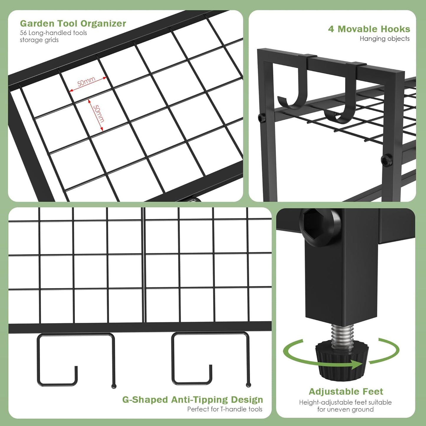 Garden Tool Rack Organizer for Garage Yard Tool Storage, Garden Tools Storage for Organization Black Metal Gardens Tools Holder for Yard Shed Garage
