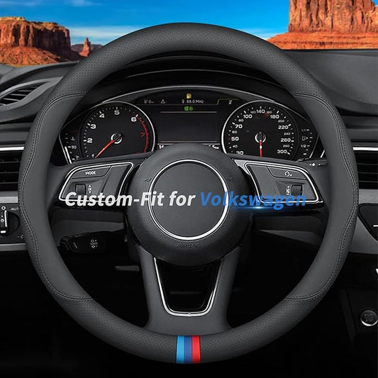 Custom-Fit for Volkswagen Steering Wheel Cover, Premium Leather Car Steering Wheel Cover with Logo, Non-Slip, Breathable, for Volkswagen Accessories (D-Style,for Volkswagen)