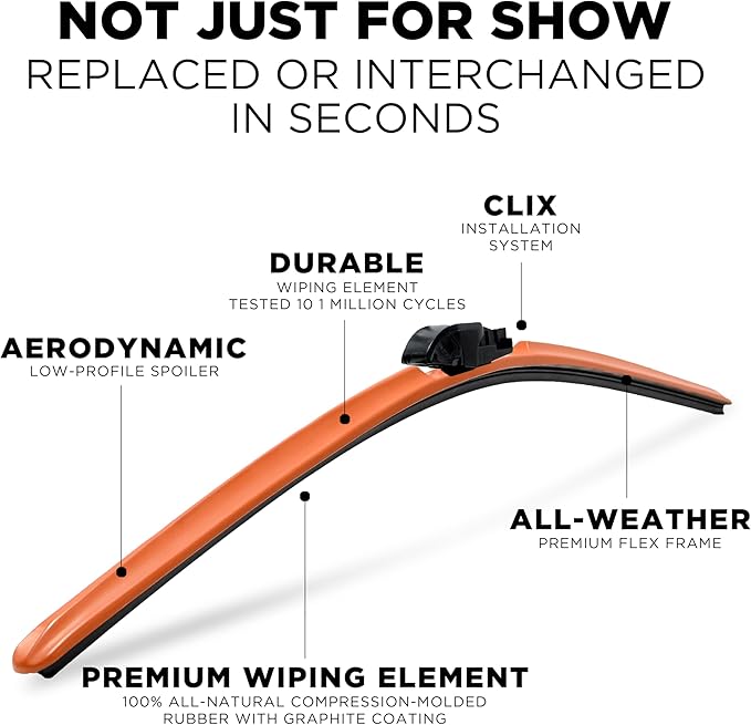 ClixWipers 20" + 20" (Set of 2) Orange All Weather Premium Automotive Replacement Windshield Wiper Blades, Passenger and Driver Side Winter Wiper Blades for Various Car Models