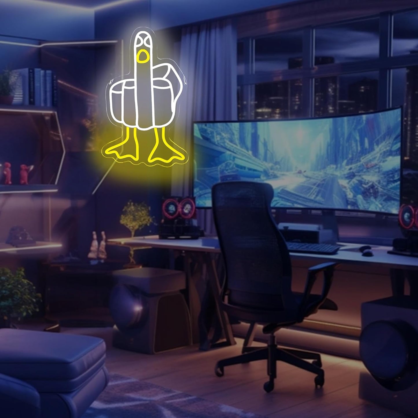 Funny Duck Neon Sign,Cool LED Neon Light Sign for Wall Decor, Aesthetic Cartoon Neon Signs for Bedroom, Game Room, Bar, Man Cave, Studio, Trendy Duck Wall Art with Hand Gesture and Yellow Duck Feet