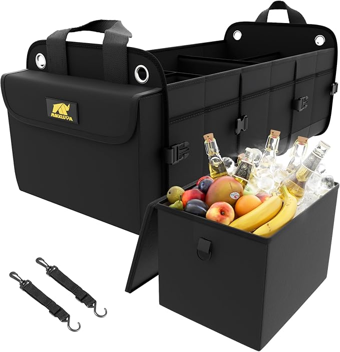 MIKKUPPA Car Trunk Organizer with Cooler - 100L Large Car Organizer, 1680D Oxford Collapsible Suv Trunk Storage with 2 Adjustable Straps for Auto, Truck, Suv (Black)