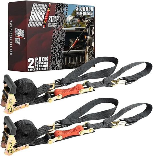 Ratchet Strap, 7’ x 1.5" Shock Absorbing Heavy Duty Tie Downs for Cargo, 1,000 LB WLL / 3,000 LB Break Strength, 2-Pack