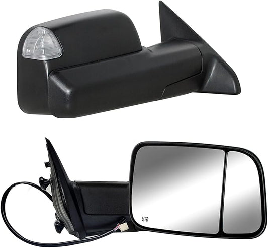 WLLW Towing Mirrors fit for 2009 2010 2011 2012 2013 2014 2015 2016 2017 2018 Dodge Ram 1500 2500 3500 Pickup with Power Adjusted Heated Turn Signal Light Temperature Sensor Puddle Lamp Black Cap