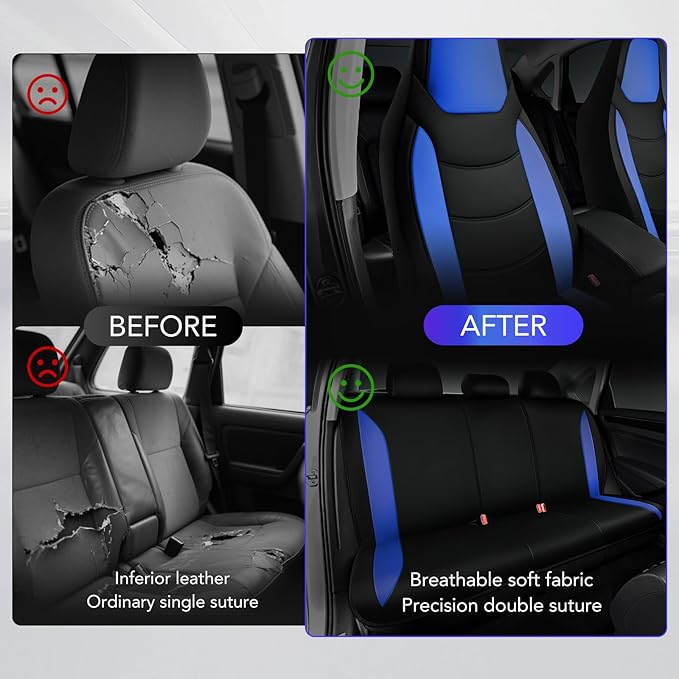 Road Comforts Car Seat Cover, Leather Seat Cover Full Set, Automotive Interior Seat Covers, Universal Fit for Most Cars, SUVs, Trucks, and Vans, Airbag Compatible (Blue)